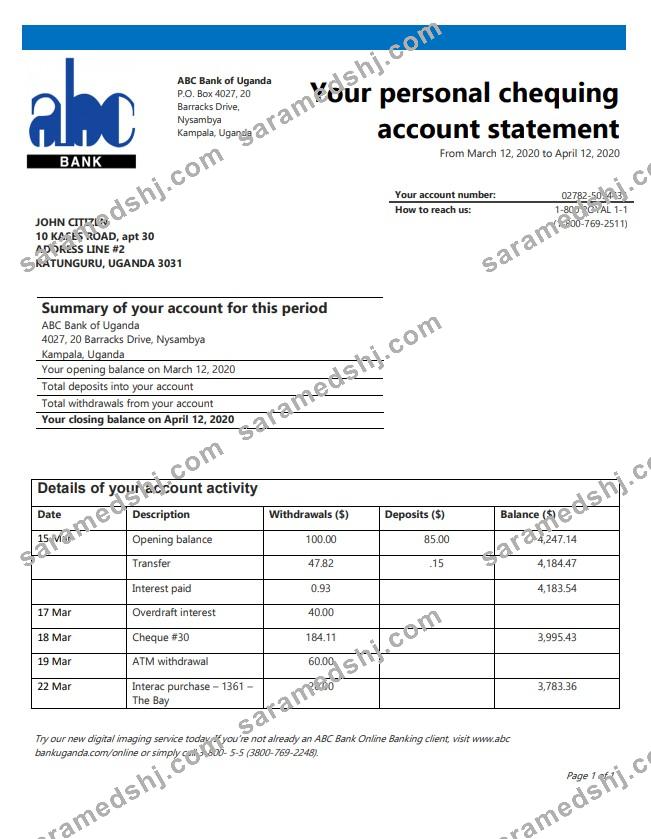 Uganda ABC Bank of Uganda proof of address bank statement template in Word and PDF format (.doc and .pdf)